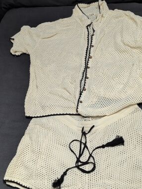 Cream Crochet Swim Coverup Set with Black Trim